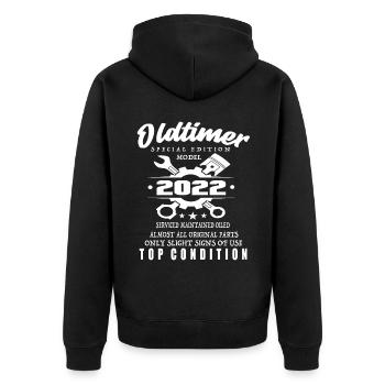 Oldtimer Special Edition Modell 2022 Geburtstag - Unisex Premium Bio Zip Hoodie - Schwarz - Hinten - Nico (187cm)