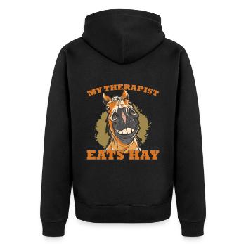 Horse Lover Horse Girl My Therapist Eats Hay - Unisex Premium Bio Zip Hoodie - Schwarz - Hinten - Nico (187cm)