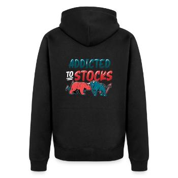 Addicted to Stocks, Bull Bear Stock Market - Unisex Premium Organic Zip Hoodie - black - Back - Nico (187cm)