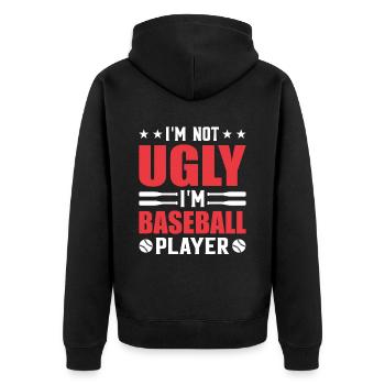 Ich bin nicht hässlich, ich bin Baseballspieler - - Unisex Premium Bio Zip Hoodie - Schwarz - Hinten - Nico (187cm)