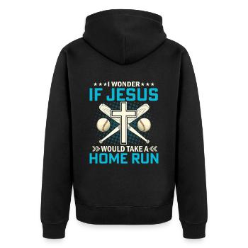 Ich frage mich, ob Jesus einen Homerun machen - Unisex Premium Bio Zip Hoodie - Schwarz - Hinten - Nico (187cm)