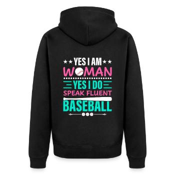 I am a woman, yes I speak fluently - Unisex Premium Organic Zip Hoodie - black - Back - Nico (187cm)