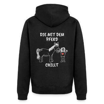 Die mit dem Pferd chillt Pferde Reiterin - Unisex Premium Bio Zip Hoodie - Schwarz - Hinten - Nico (187cm)