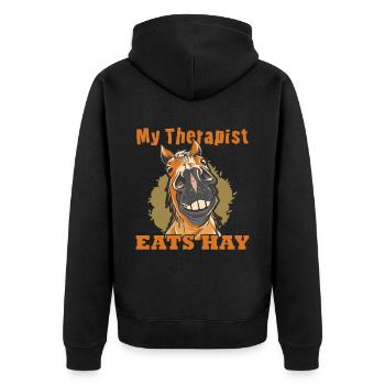 Horse Lover Horse Girl My Therapist Eats Hay - Unisex Premium Bio Zip Hoodie - Schwarz - Hinten - Nico (187cm)