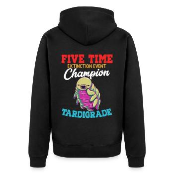 Fünfmaliger Champion des Aussterbe-Events - Unisex Premium Bio Zip Hoodie - Schwarz - Hinten - Nico (187cm)