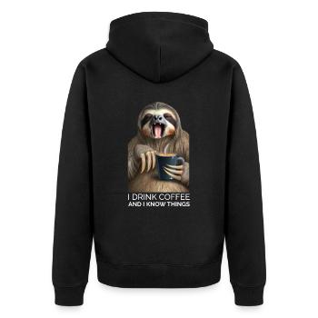 Faultier Kaffee Spruch - Unisex Premium Bio Zip Hoodie - Schwarz - Hinten - Nico (187cm)