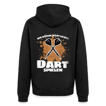 Dart Spruch"Ich würde jetzt lieber Dart spielen!" - Unisex Premium Bio Zip Hoodie - Schwarz - Hinten - Nico (187cm)