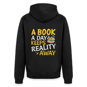 Ein Buch am Tag hält die Realität fern - Buchlesen - Unisex Premium Bio Zip Hoodie - Schwarz - Hinten - Nico (187cm)
