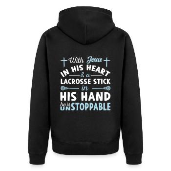Jesus Im Herzen - Lacrosse -Spieler - Unisex Premium Bio Zip Hoodie - Schwarz - Hinten - Nico (187cm)