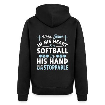 Jesus Im Herzen - Softballspieler - Unisex Premium Bio Zip Hoodie - Schwarz - Hinten - Nico (187cm)