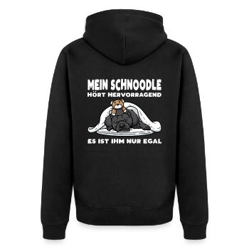Schnoodle Hund Mit Kuscheltier - Unisex Premium Bio Zip Hoodie - Schwarz - Hinten - Nico (187cm)