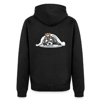 Schnoodle Hund Mit Kuscheltier Schlafen Schlummern - Unisex Premium Bio Zip Hoodie - Schwarz - Hinten - Nico (187cm)
