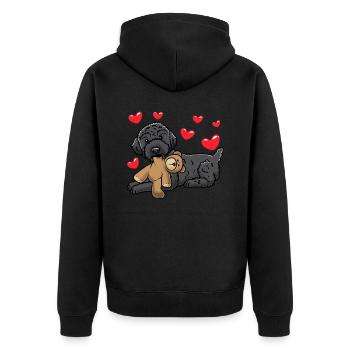 Schnoodle Hund Mit Kuscheltier - Unisex Premium Bio Zip Hoodie - Schwarz - Hinten - Nico (187cm)