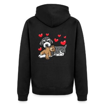 Schnoodle Hund Mit Kuscheltier - Unisex Premium Bio Zip Hoodie - Schwarz - Hinten - Nico (187cm)