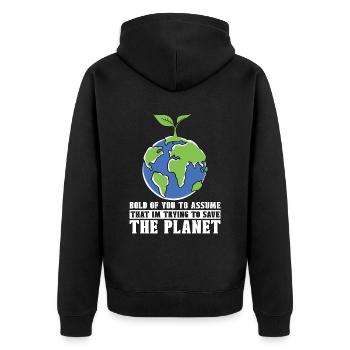 Global Warming Bold Of You To Assume Environmental - Unisex Premium Bio Zip Hoodie - Schwarz - Hinten - Nico (187cm)