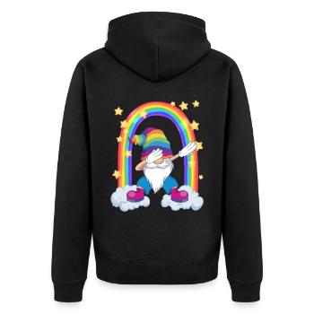 cooler Gnom tanzt am Regenbogentor mit Sternen LGB - Unisex Premium Bio Zip Hoodie - Schwarz - Hinten - Nico (187cm)