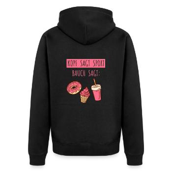 Kopf sagt Sport Bauch sagt Süßigkeiten - Spruch - Unisex Premium Bio Zip Hoodie - Schwarz - Hinten - Nico (187cm)