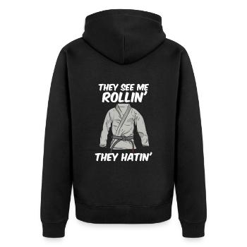 They See Mee Rollin They Hatin Jiu Jitsu BJJ - Unisex Premium Bio Zip Hoodie - Schwarz - Hinten - Nico (187cm)