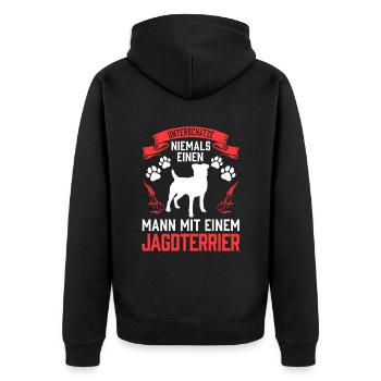 Mann mit Jagdterrier Deutscher Jagdterrier - Unisex Premium Bio Zip Hoodie - Schwarz - Hinten - Nico (187cm)