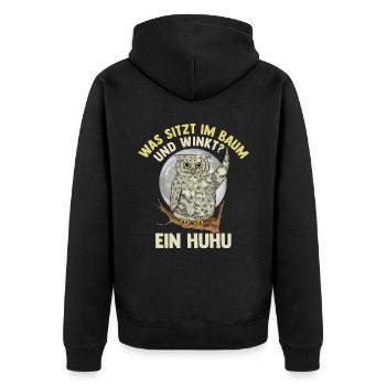 Was sitzt im Baum und winkt? Ein Huhu - Unisex Premium Bio Zip Hoodie - Schwarz - Hinten - Nico (187cm)
