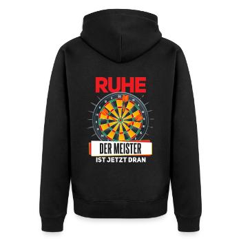 Cooles Dartsspieler Darts Spruch Motiv - Unisex Premium Bio Zip Hoodie - Schwarz - Hinten - Nico (187cm)