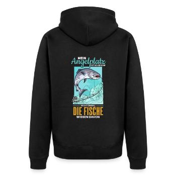Lustiger Angler Fischer Spruch - Unisex Premium Bio Zip Hoodie - Schwarz - Hinten - Nico (187cm)
