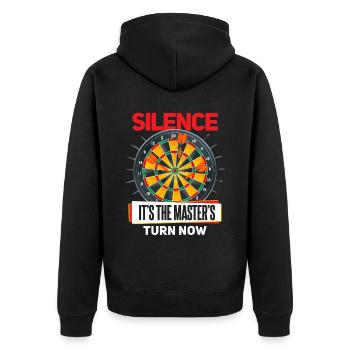Cooles Dartsspieler Darts Spruch Motiv - Unisex Premium Bio Zip Hoodie - Schwarz - Hinten - Nico (187cm)