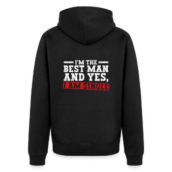 Trauzeuge und ja, ich bin Single - Trauzeuge JGA - Unisex Premium Bio Zip Hoodie - Schwarz - Hinten - Nico (187cm)