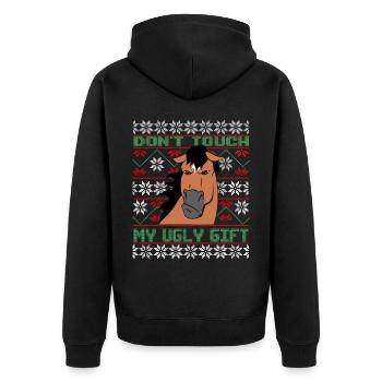 Dont Touch Ugly Brauner Pferd Rider Winter - Unisex Premium Bio Zip Hoodie - Schwarz - Hinten - Nico (187cm)