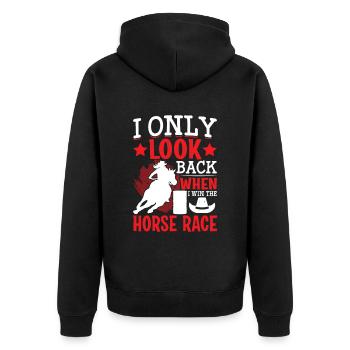 Ich schaue nur zurück, wenn - Barrel Equestrians - Unisex Premium Bio Zip Hoodie - Schwarz - Hinten - Nico (187cm)