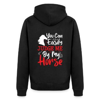 Sie können mich leicht an meinem Pferd beurteilen - Unisex Premium Bio Zip Hoodie - Schwarz - Hinten - Nico (187cm)