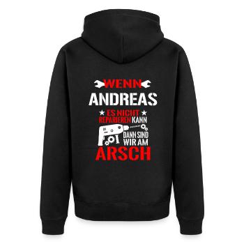 Andreas Es Nicht Reparieren Kann am Arsch Lustig - Unisex Premium Bio Zip Hoodie - Schwarz - Hinten - Nico (187cm)