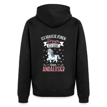 Ich brauche keinen Prinzen - Andalusier - Unisex Premium Bio Zip Hoodie - Schwarz - Hinten - Nico (187cm)