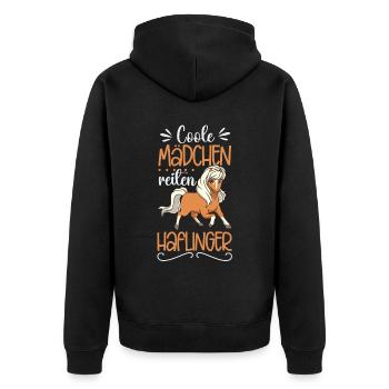 Coole Mädchen reiten Haflinger - Unisex Premium Bio Zip Hoodie - Schwarz - Hinten - Nico (187cm)