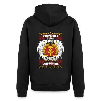 Deutscher Ossi durch die Gnade Gottes DDR Stolz - Unisex Premium Bio Zip Hoodie - Schwarz - Hinten - Nico (187cm)