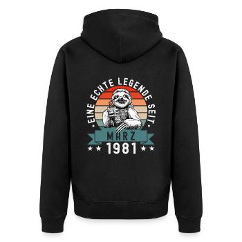 Faultier Geburtstag März 1981 Geboren Jahrgang - Unisex Premium Bio Zip Hoodie - Schwarz - Hinten - Nico (187cm)