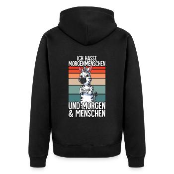 Ich Hasse Morgenmenschen Zebra - Unisex Premium Bio Zip Hoodie - Schwarz - Hinten - Nico (187cm)