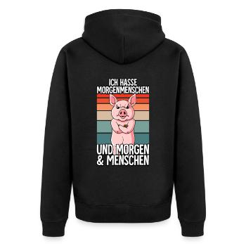 Ich Hasse Morgenmenschen Schwein - Unisex Premium Bio Zip Hoodie - Schwarz - Hinten - Nico (187cm)