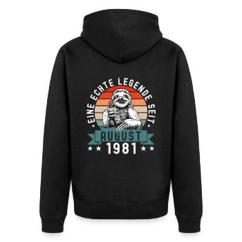 Faultier Geburtstag August 1981 Geboren Jahrgang - Unisex Premium Bio Zip Hoodie - Schwarz - Hinten - Nico (187cm)
