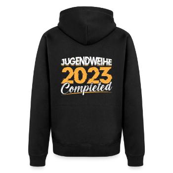 Jugendweihe 2023 Mädchen Junge - Unisex Premium Bio Zip Hoodie - Schwarz - Hinten - Nico (187cm)