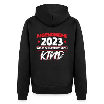 Jugendweihe 2023 Mädchen Junge - Unisex Premium Bio Zip Hoodie - Schwarz - Hinten - Nico (187cm)