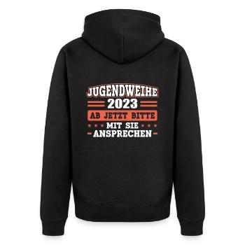 Jugendweihe 2023 Mädchen Junge - Unisex Premium Bio Zip Hoodie - Schwarz - Hinten - Nico (187cm)