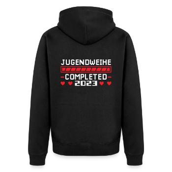 Jugendweihe 2023 Mädchen Junge - Unisex Premium Bio Zip Hoodie - Schwarz - Hinten - Nico (187cm)
