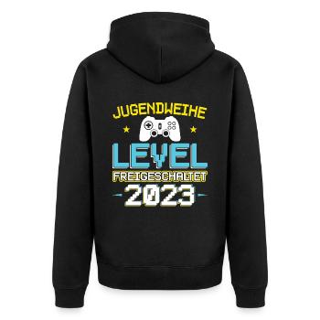 Jugendweihe 2023 Mädchen Junge - Unisex Premium Bio Zip Hoodie - Schwarz - Hinten - Nico (187cm)