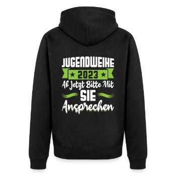 Jugendweihe 2023 Mädchen Junge - Unisex Premium Bio Zip Hoodie - Schwarz - Hinten - Nico (187cm)