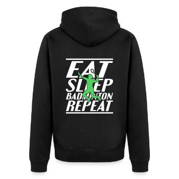 Essen Schlafen Badminton - Unisex Premium Bio Zip Hoodie - Schwarz - Hinten - Nico (187cm)