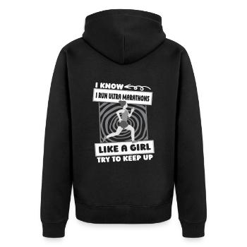 Ultramarathon Mädchen - Unisex Premium Bio Zip Hoodie - Schwarz - Hinten - Nico (187cm)