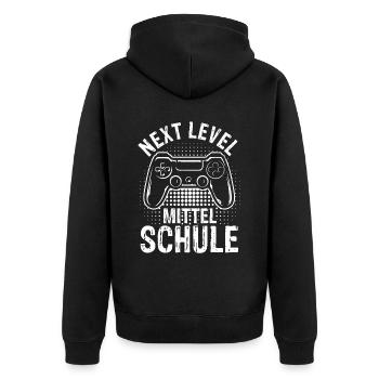 NEXT LEVEL MITTELSCHULE - Bye Bye Grundschule Zock - Unisex Premium Bio Zip Hoodie - Schwarz - Hinten - Nico (187cm)