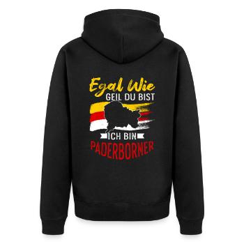 Egal Wie Geil Du Bist Ich Bin Padernborner - Unisex Premium Bio Zip Hoodie - Schwarz - Hinten - Nico (187cm)