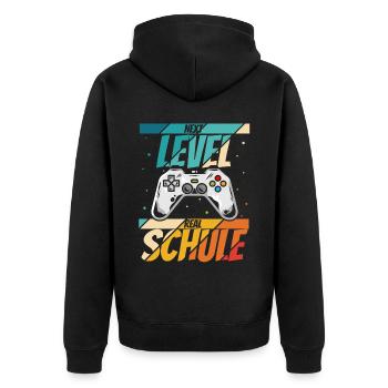 NEXT LEVEL REALSCHULE - neue Schule Abenteuer Cont - Unisex Premium Bio Zip Hoodie - Schwarz - Hinten - Nico (187cm)